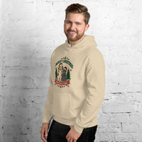 Heavy blend hoodie showing merry christmas from our pack to yours dog and cat graphic, Sand, left front view