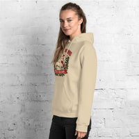 Heavy blend hoodie showing dachshund reindeer christmas deer friend graphic, Sand, left front view