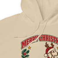 Heavy blend hoodie showing dachshund reindeer christmas deer friend graphic, Sand, detail view