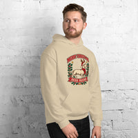 Heavy blend hoodie showing dachshund reindeer christmas deer friend graphic, Sand, right front view
