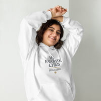 My favorite child has 4 legs hoodie graphic featuring a pet, printed on a white hoodie, front view