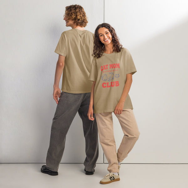 Cat mom oversized graphic featuring a cat, printed on an oversized light t-shirt, front view