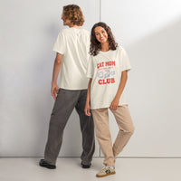 Cat mom oversized graphic featuring a cat, printed on an oversized white t-shirt, front view