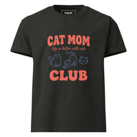 Cat mom oversized graphic featuring a cat, printed on an oversized black t-shirt, front view