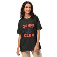 Cat mom oversized graphic featuring a cat, printed on an oversized black t-shirt, front view