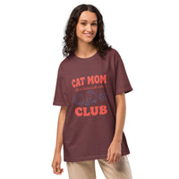 Cat mom oversized graphic featuring a cat, printed on an oversized light t-shirt, front view
