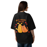 Best friends forever graphic featuring a person and their dog, printed on an oversized black t-shirt, front view