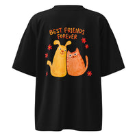 Best friends forever graphic featuring a person and their dog, printed on an oversized black t-shirt, front view