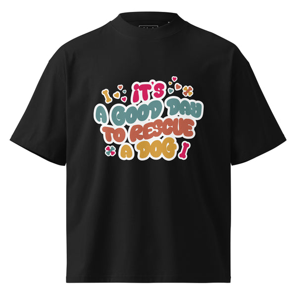 Rescue dog graphic featuring a dog, printed on a black t-shirt, front view