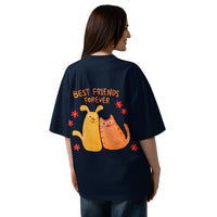 Best friends forever graphic featuring a person and their dog, printed on an oversized navy t-shirt, front view