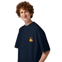 Best friends forever graphic featuring a person and their dog, printed on an oversized navy t-shirt, front view