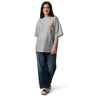 Best friends forever graphic featuring a person and their dog, printed on an oversized heather t-shirt, front view