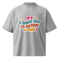 Rescue dog graphic featuring a dog, printed on a heather t-shirt, front view