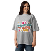 Rescue dog graphic featuring a dog, printed on a heather t-shirt, front view