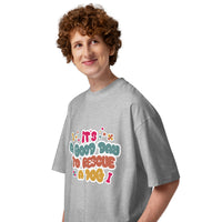 Rescue dog graphic featuring a dog, printed on a heather t-shirt, front view