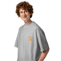 Best friends forever graphic featuring a person and their dog, printed on an oversized heather t-shirt, front view