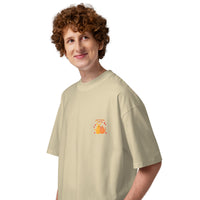 Best friends forever graphic featuring a person and their dog, printed on an oversized light t-shirt, front view