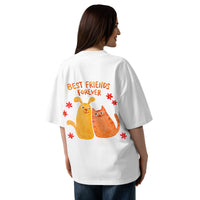Best friends forever graphic featuring a person and their dog, printed on an oversized white t-shirt, front view