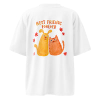 Best friends forever graphic featuring a person and their dog, printed on an oversized white t-shirt, front view