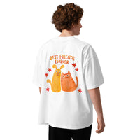 Best friends forever graphic featuring a person and their dog, printed on an oversized white t-shirt, front view