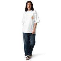 Best friends forever graphic featuring a person and their dog, printed on an oversized white t-shirt, front view