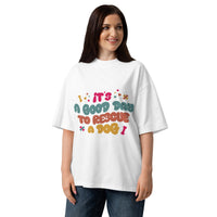 Rescue dog graphic featuring a dog, printed on a white t-shirt, front view