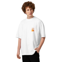 Best friends forever graphic featuring a person and their dog, printed on an oversized white t-shirt, front view