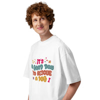 Rescue dog graphic featuring a dog, printed on a white t-shirt, front view