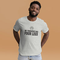 Four-legged therapist graphic featuring a dog, printed on a athletic heather t-shirt, front view