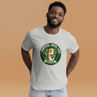 Unisex staple t-shirt showing adopted loved loud rescue dog graphic, Athletic Heather, front view