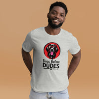 Unisex staple t-shirt showing dogs before dudes graphic, Athletic Heather, front view