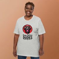 Unisex staple t-shirt showing dogs before dudes graphic, Athletic Heather, front view