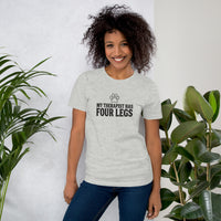 Four-legged therapist graphic featuring a dog, printed on a athletic heather t-shirt, front view