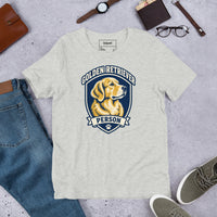 Unisex staple t-shirt showing golden retriever breed badge graphic, Athletic Heather, front view
