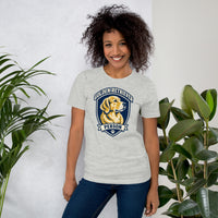 Unisex staple t-shirt showing golden retriever breed badge graphic, Athletic Heather, front view
