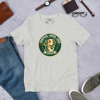 Unisex staple t-shirt showing adopted loved loud rescue dog graphic, Athletic Heather, front view