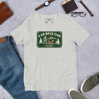 Unisex staple t-shirt showing 5 AM walk club graphic, Athletic Heather, front view
