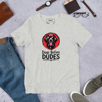Unisex staple t-shirt showing dogs before dudes graphic, Athletic Heather, front view