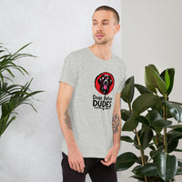 Unisex staple t-shirt showing dogs before dudes graphic, Athletic Heather, right view