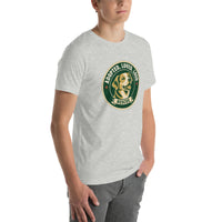 Unisex staple t-shirt showing adopted loved loud rescue dog graphic, Athletic Heather, right front view