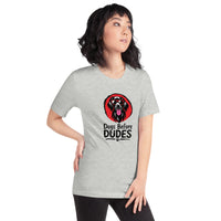 Unisex staple t-shirt showing dogs before dudes graphic, Athletic Heather, right view