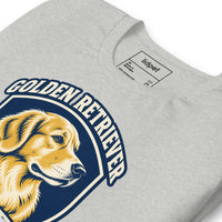 Unisex staple t-shirt showing golden retriever breed badge graphic, Athletic Heather, front view