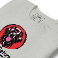 Unisex staple t-shirt showing dogs before dudes graphic, Athletic Heather, zoomed in view