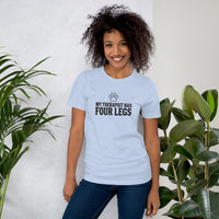 Four-legged therapist graphic featuring a dog, printed on a light t-shirt, front view