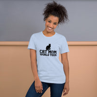 Cat mom world tour graphic featuring a cat, printed on a light t-shirt, front view