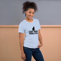 Cat mom world tour graphic featuring a cat, printed on a light t-shirt, front view
