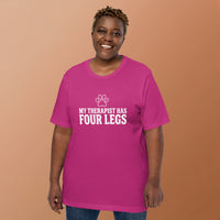 Four-legged therapist graphic featuring a dog, printed on a light t-shirt, front view