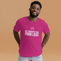 Four-legged therapist graphic featuring a dog, printed on a light t-shirt, front view