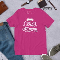 Crazy cat mom graphic featuring a cat, printed on a light t-shirt, front view