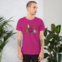 I'm here for the dogs graphic featuring dogs, printed on a light t-shirt, front view